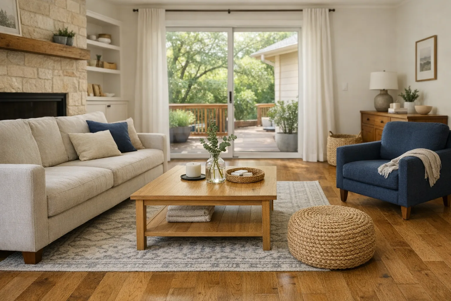 Freshly cleaned living room with warm natural light