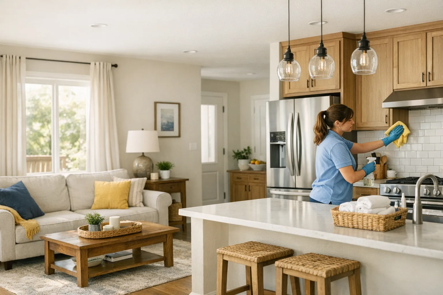 Cleaner finishing a kitchen detail in a bright Austin home